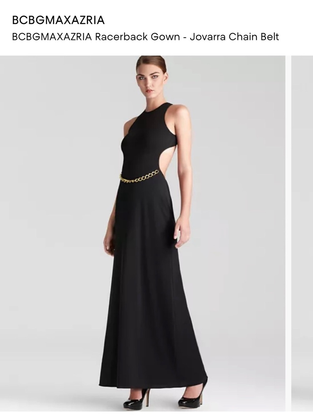 BCBGMaxAzria Minimalist Black Racerback Open Back Gown Gold Chain Belt Sz XS